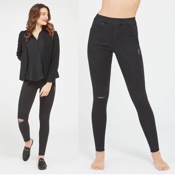 Spanx • Vintage Distressed Ankle Skinny Jeans black pull on raw hem jeggings - Picture 1 of 13